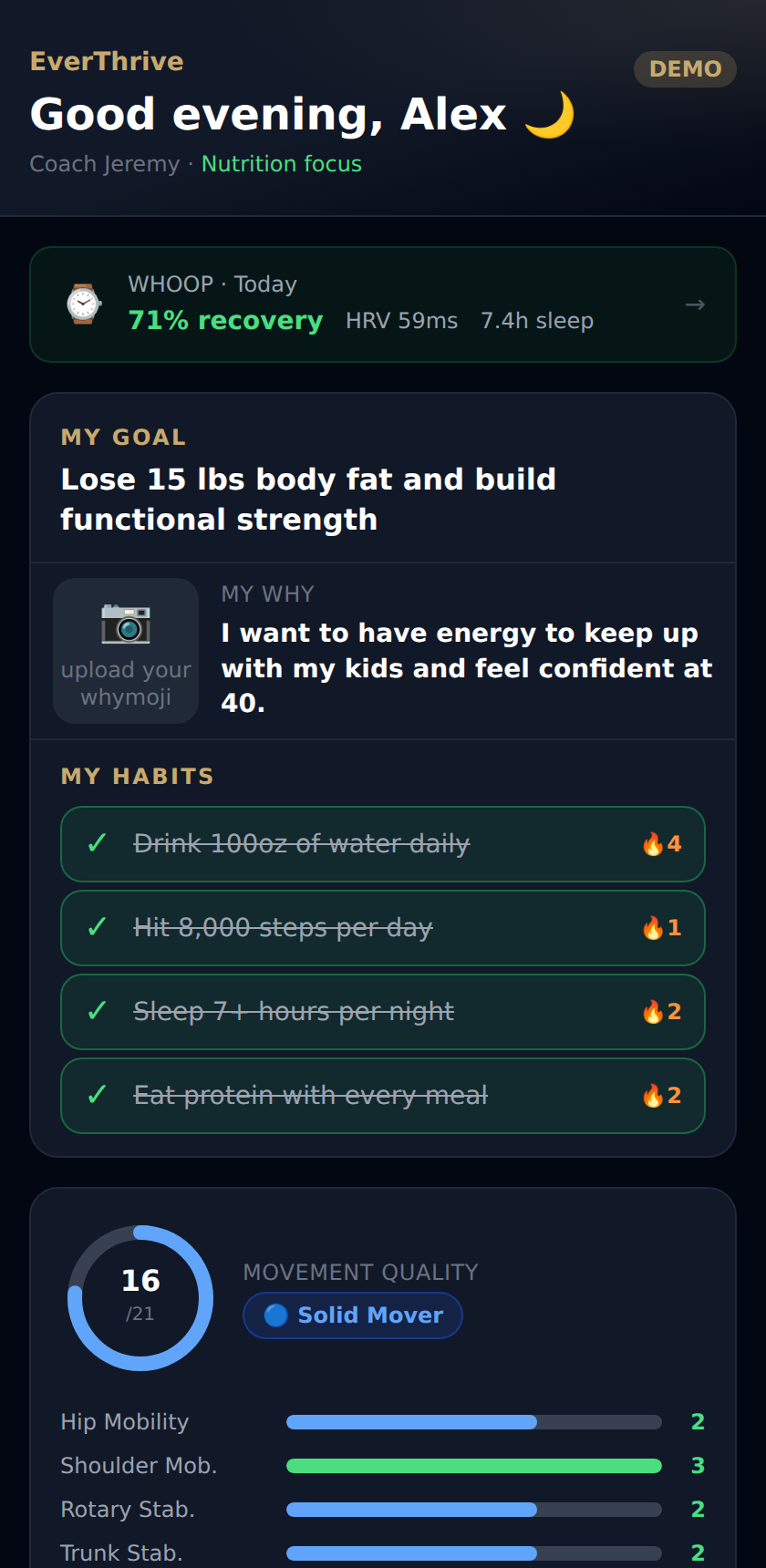 Phenometrics client portal — Whoop recovery, goal, daily habits